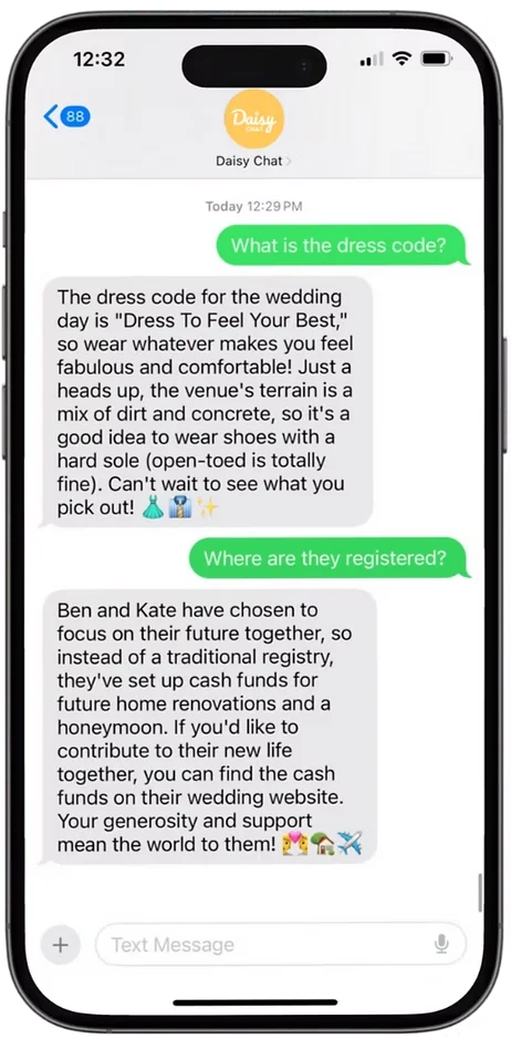 Daisy Chat conversation showing AI responding to guest questions