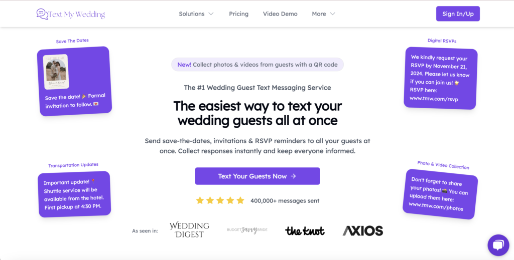 text my wedding landing page